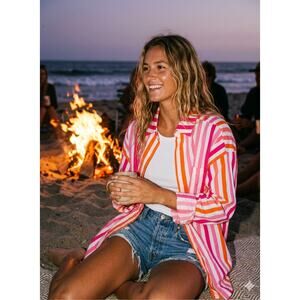 NWT Beach Riot Alexa Button Down Pink Orange Stripe Cover Up Shirt Size Large